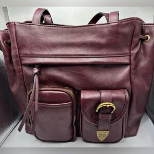 Frye And Co Leather Utility Crossbody Bag Burgundy Multi Pocket Drawstring